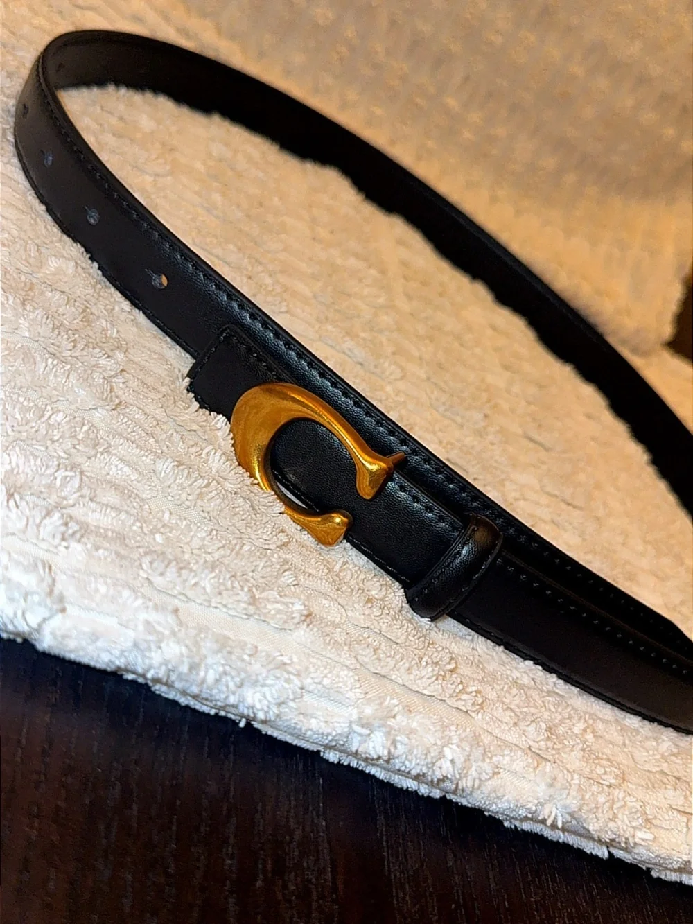 Black Leather Belt with Gold 'C' Buckle - Women's Fashion Accessory